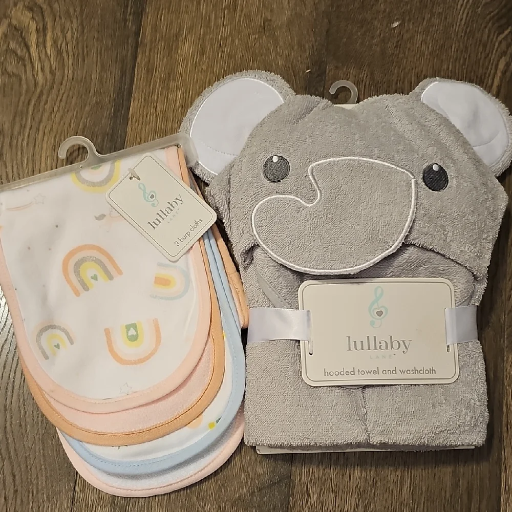 NWT Baby Gray Elephant Hooded Towel & 3 burp Cloths Unicorn Rainbow Shower Gift